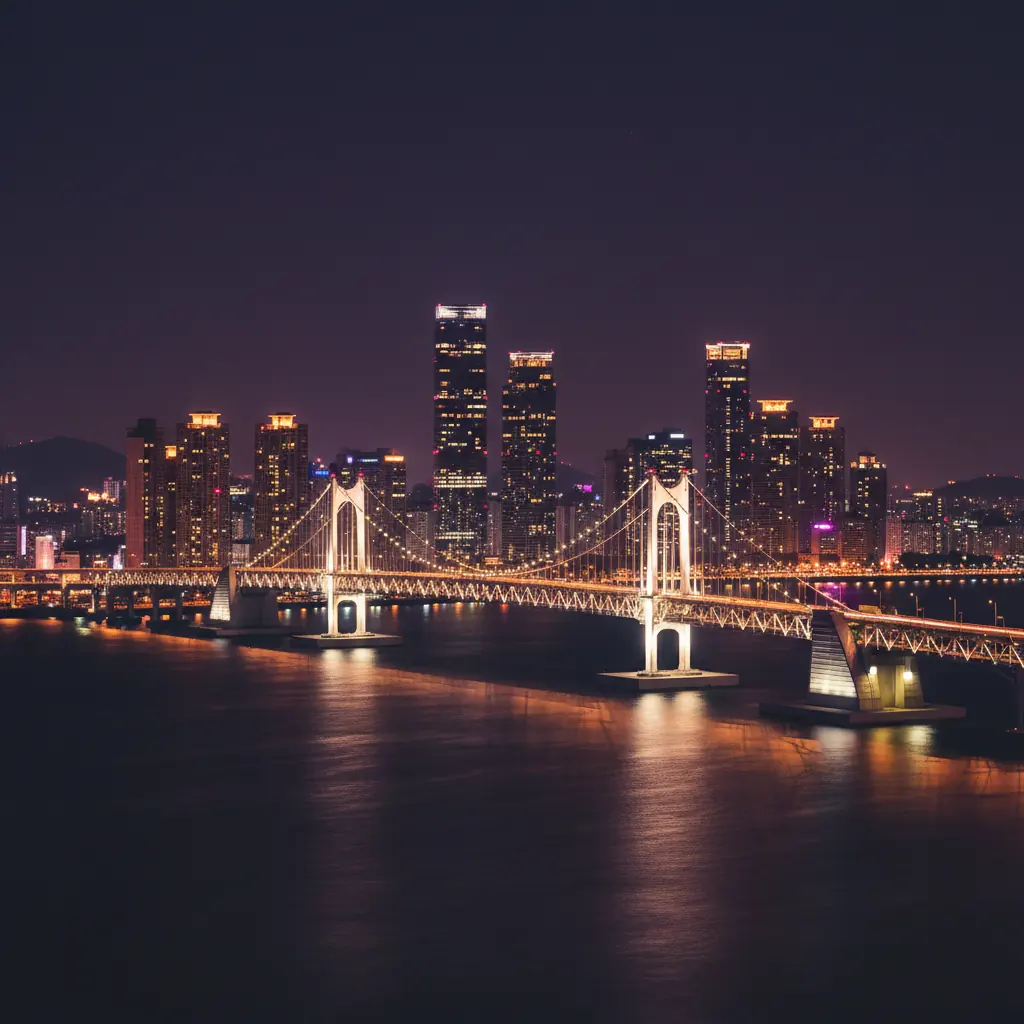 다리 조명이 켜진 부산 밤바다 풍경